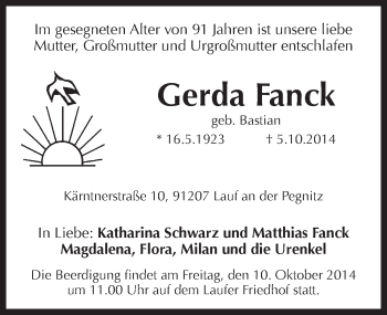 Traueranzeige von Gerda Fanck von Pegnitz-Zeitung